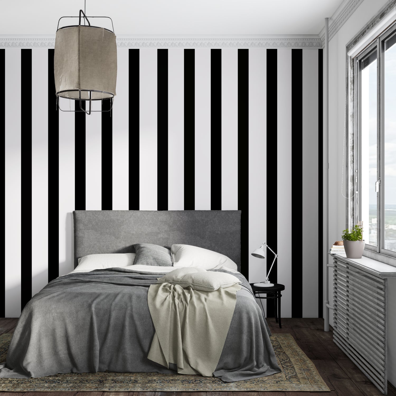 Modern dining room with black and white striped accent wall