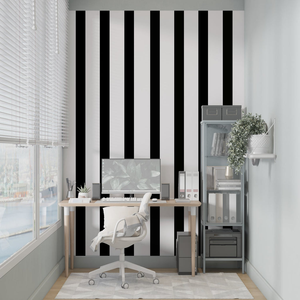 Contemporary hallway featuring dramatic black and white stripe pattern