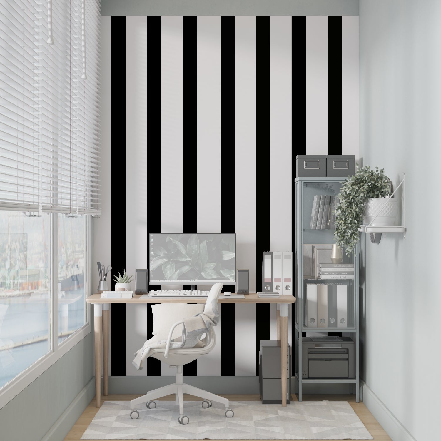 Contemporary hallway featuring dramatic black and white stripe pattern