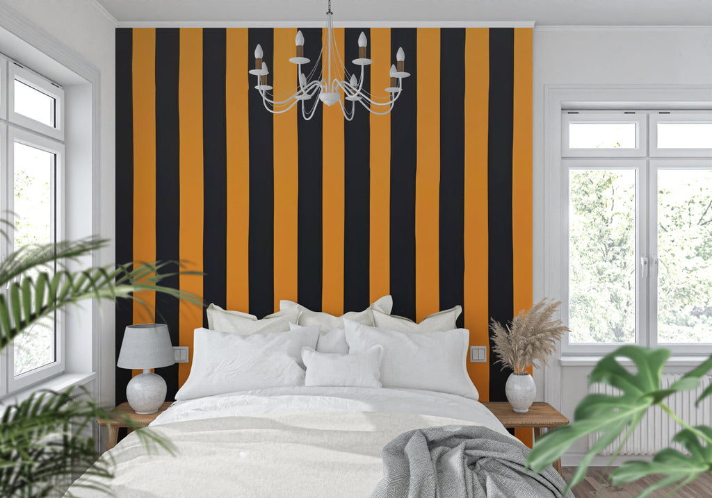 Striped wall design making a statement in an urban bedroom setting