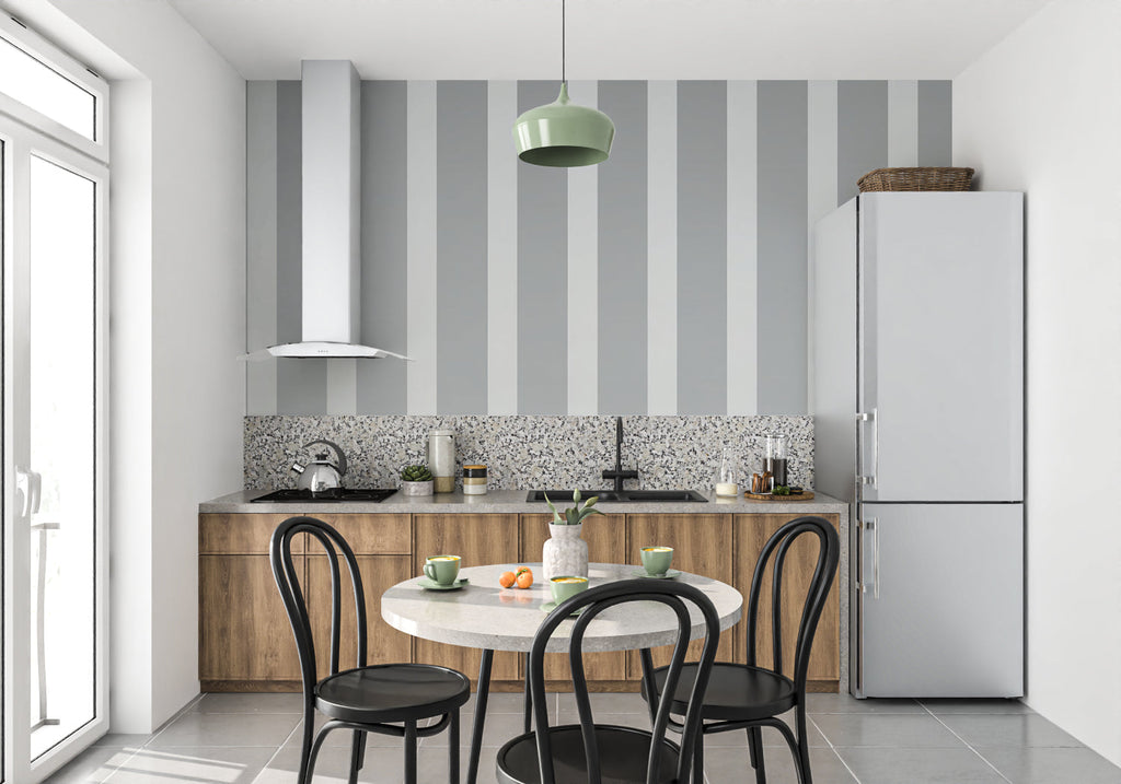 Classic grey and white striped wallpaper in home office showing vertical lines