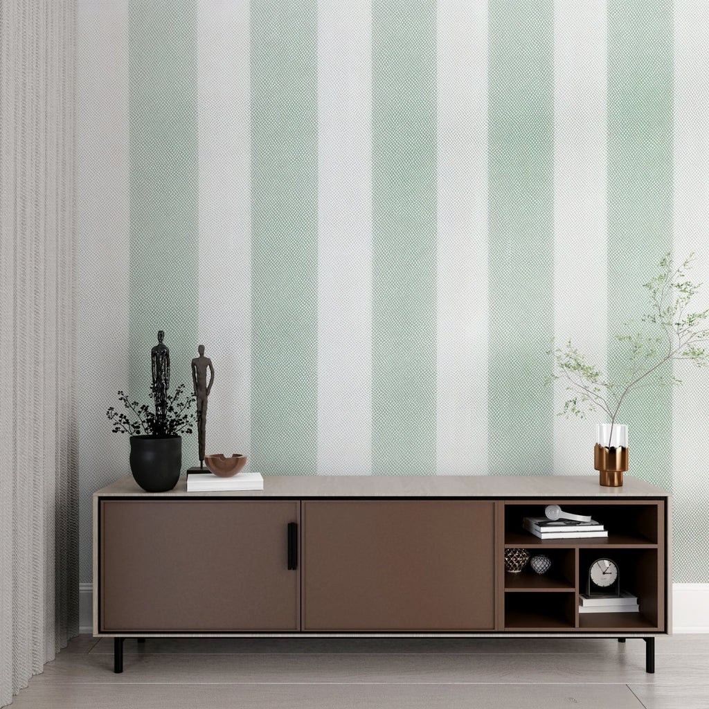 Vertical mint stripes in home office space adding height and sophistication