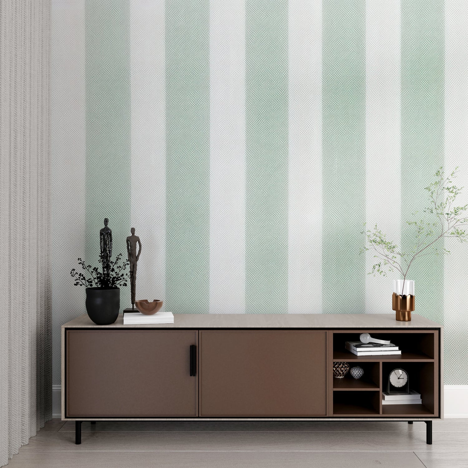 Vertical mint stripes in home office space adding height and sophistication