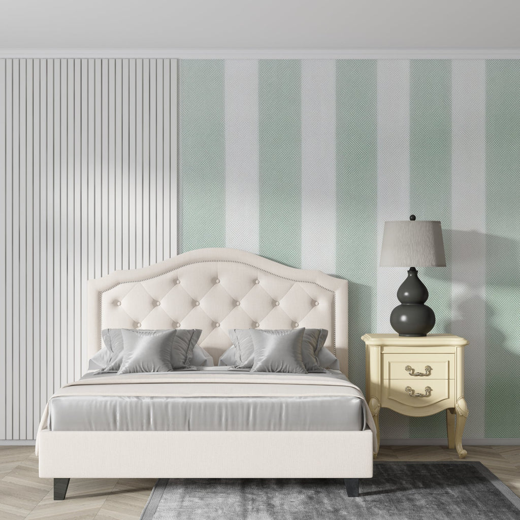 Fresh mint green and white striped wallpaper brightening a dining area