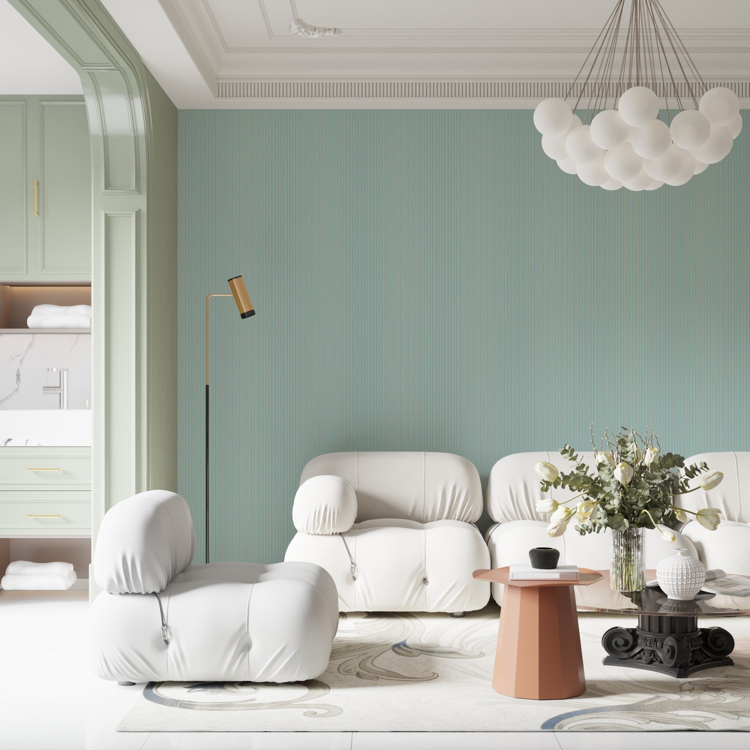 Vertical mint stripes wallpaper making a home office look taller and more professional