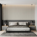 Modern striped wallpaper in beige creating an elegant backdrop in a minimalist living room