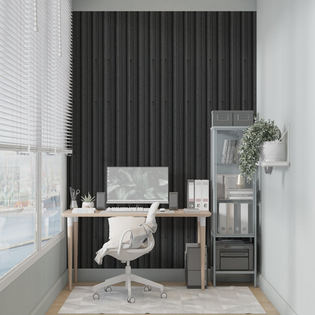 Industrial stripe wallpaper creating height in contemporary home office