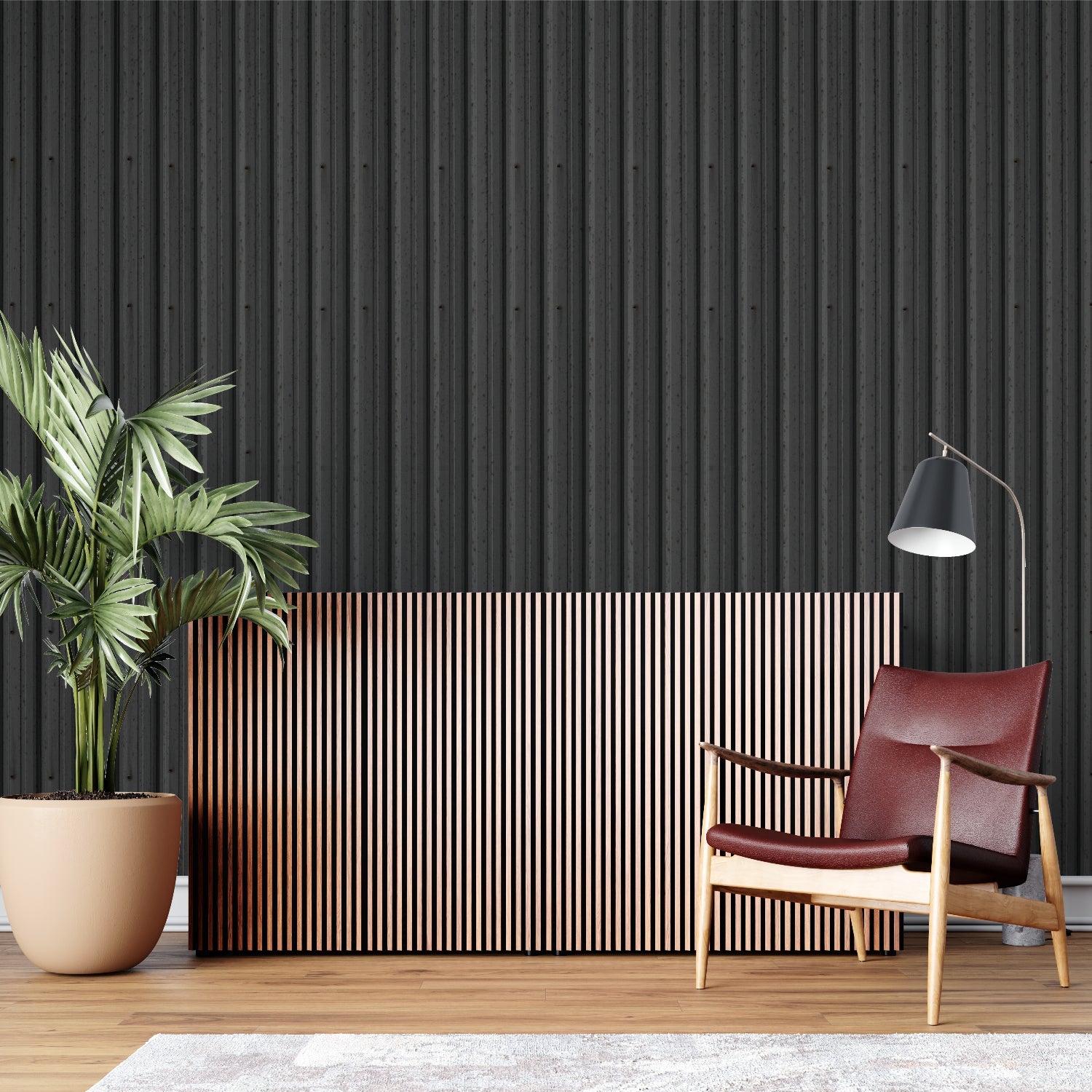 Industrial black wallpaper in urban loft hallway showing scale