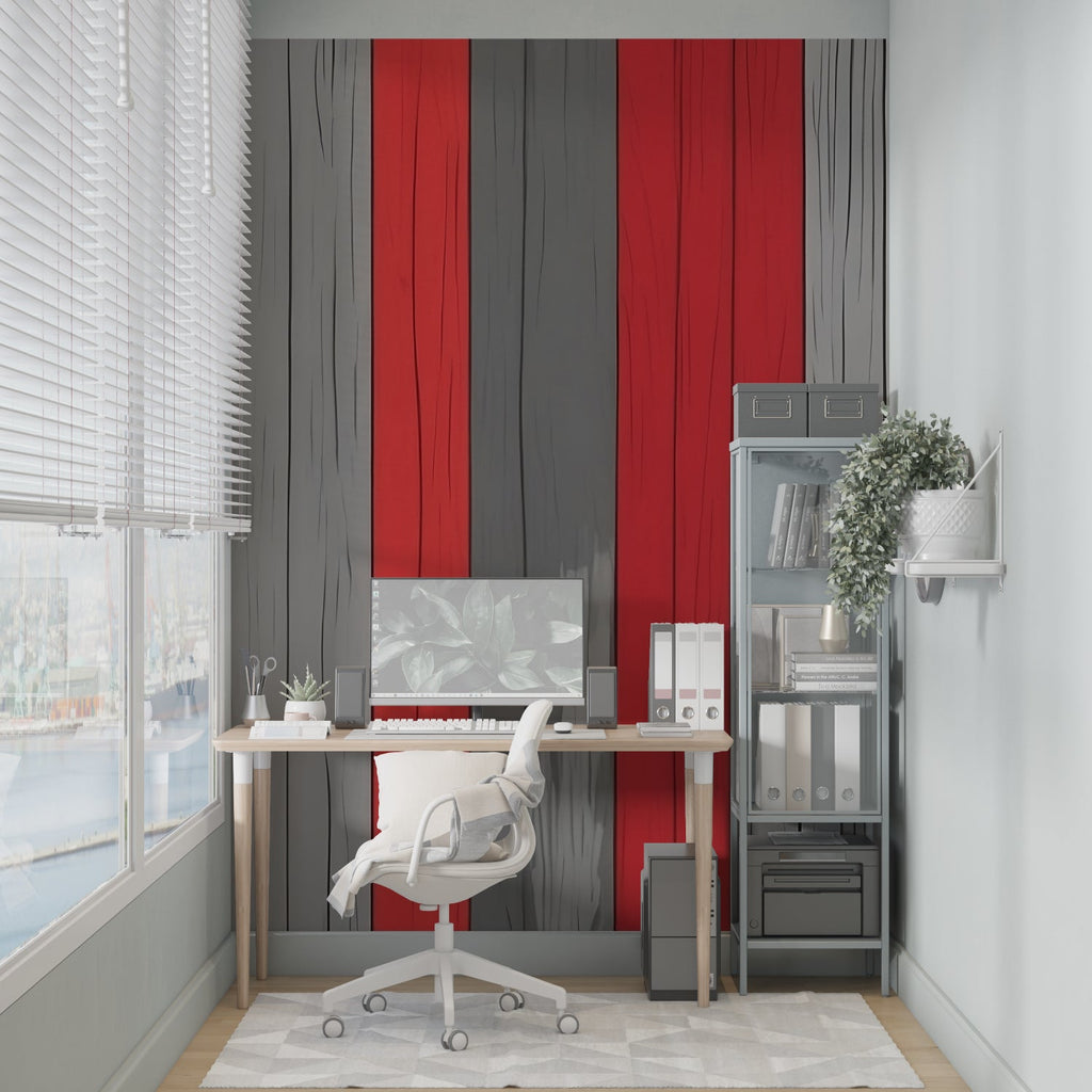 Modern striped wallpaper bringing warmth to an industrial-style bedroom