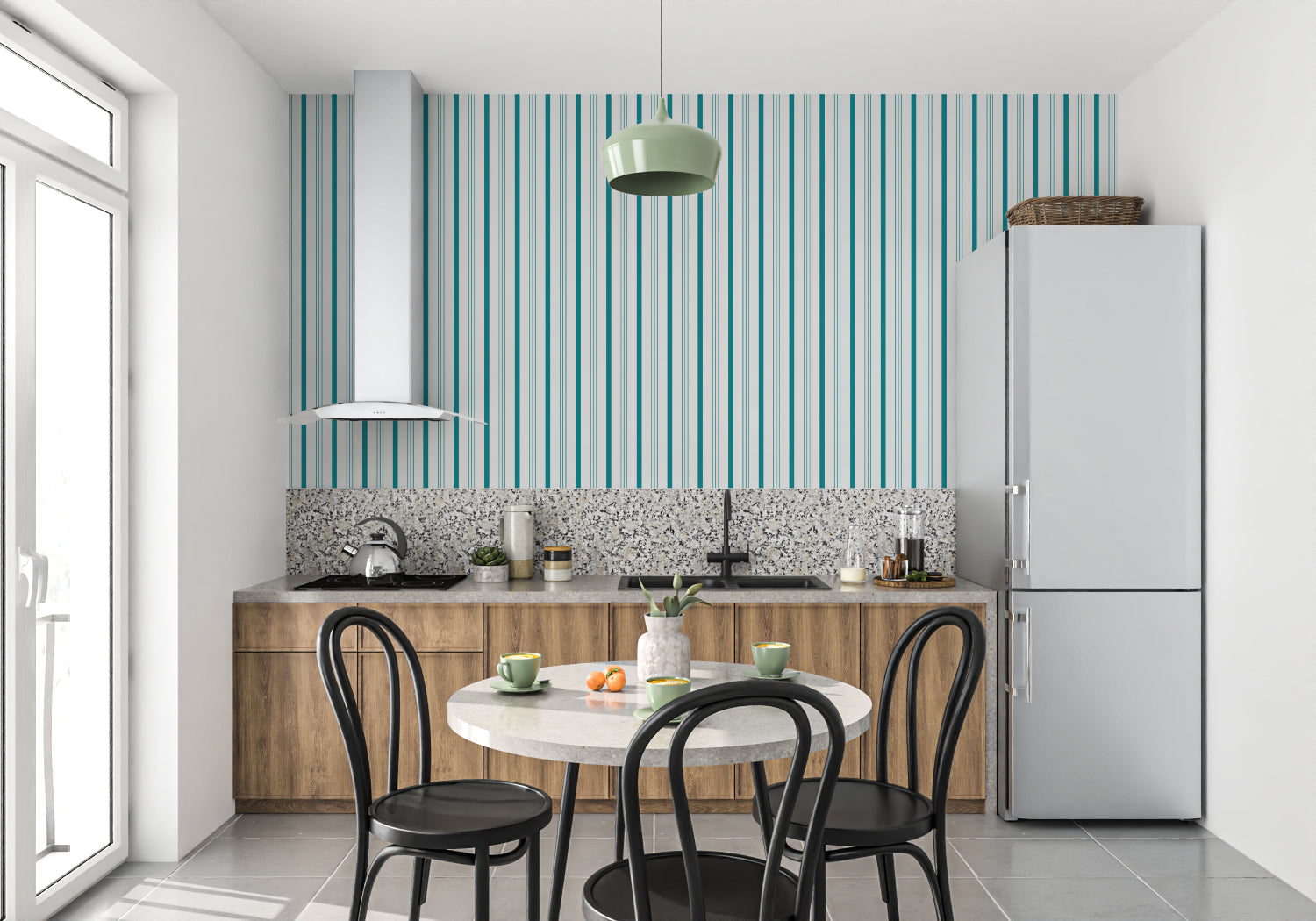 Modern teal stripe pattern adding height to a hallway space