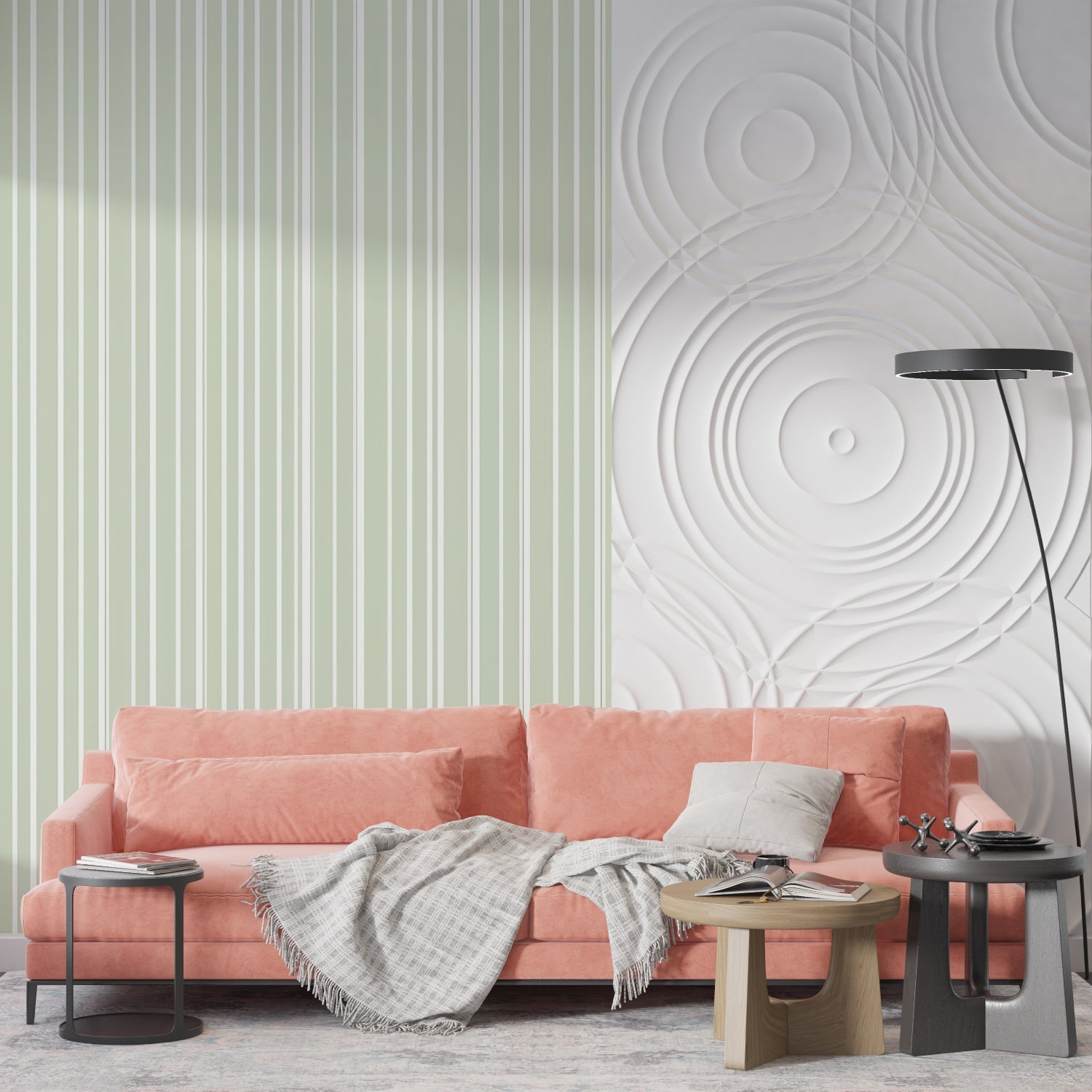 Modern dining room with sage green stripe pattern wallpaper creating depth