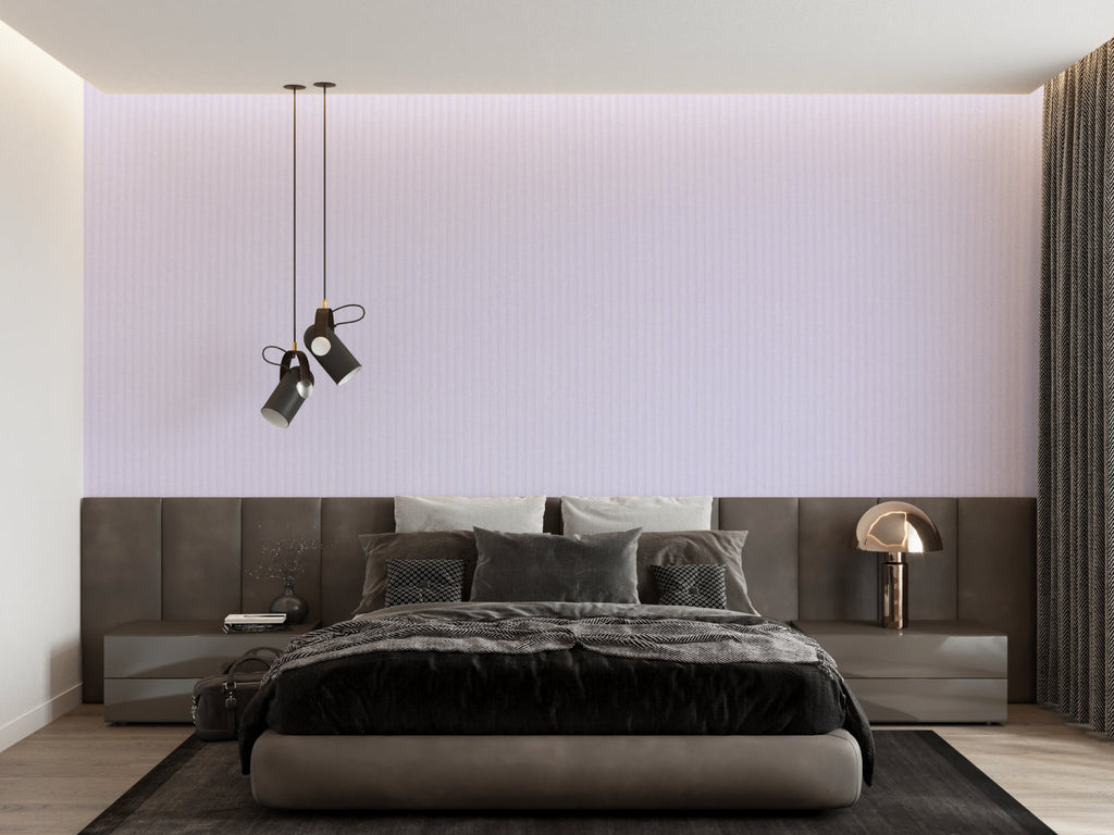 Modern striped pattern in soft lavender adding height to a dining room