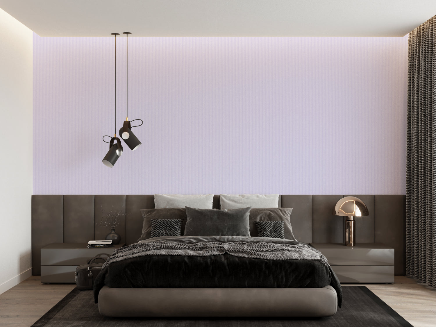 Modern striped pattern in soft lavender adding height to a dining room