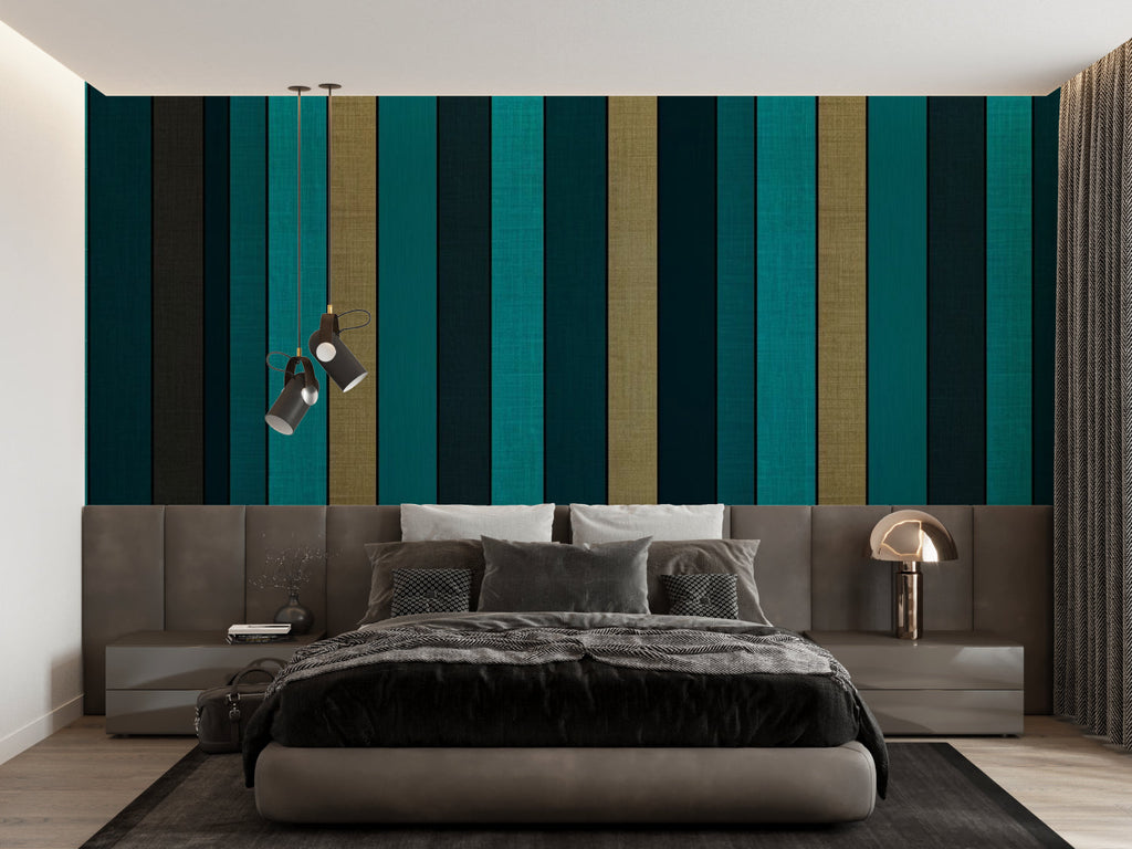 Teal and gold striped wallpaper creating height in a modern dining room setting