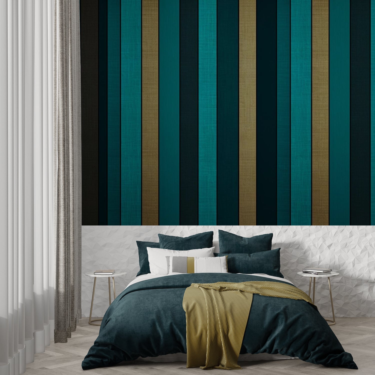 Striped wallpaper with teal and metallic gold in a stylish home office