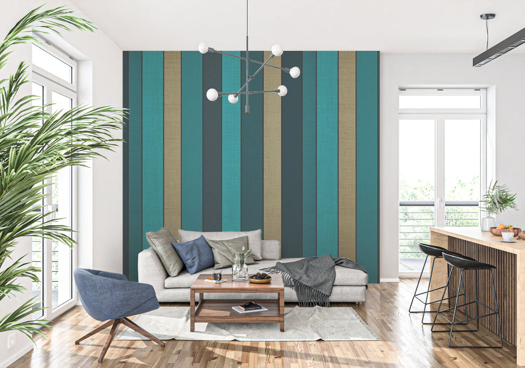 Teal and gold vertical stripes creating drama in an entryway