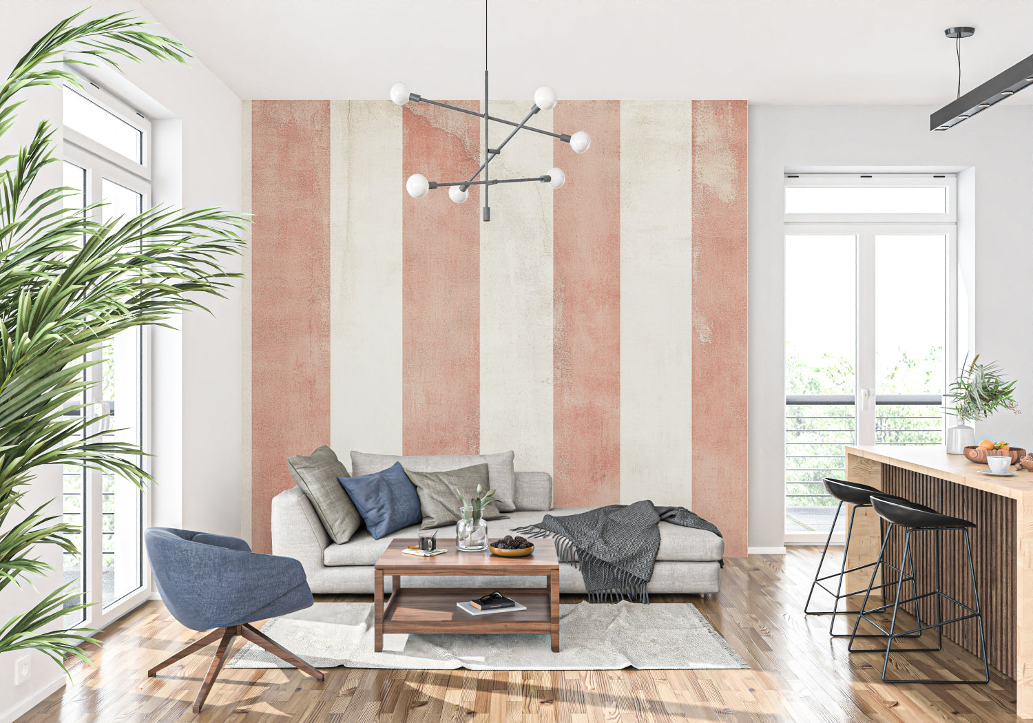 Striped wallpaper creating height in a cozy living room with natural lighting