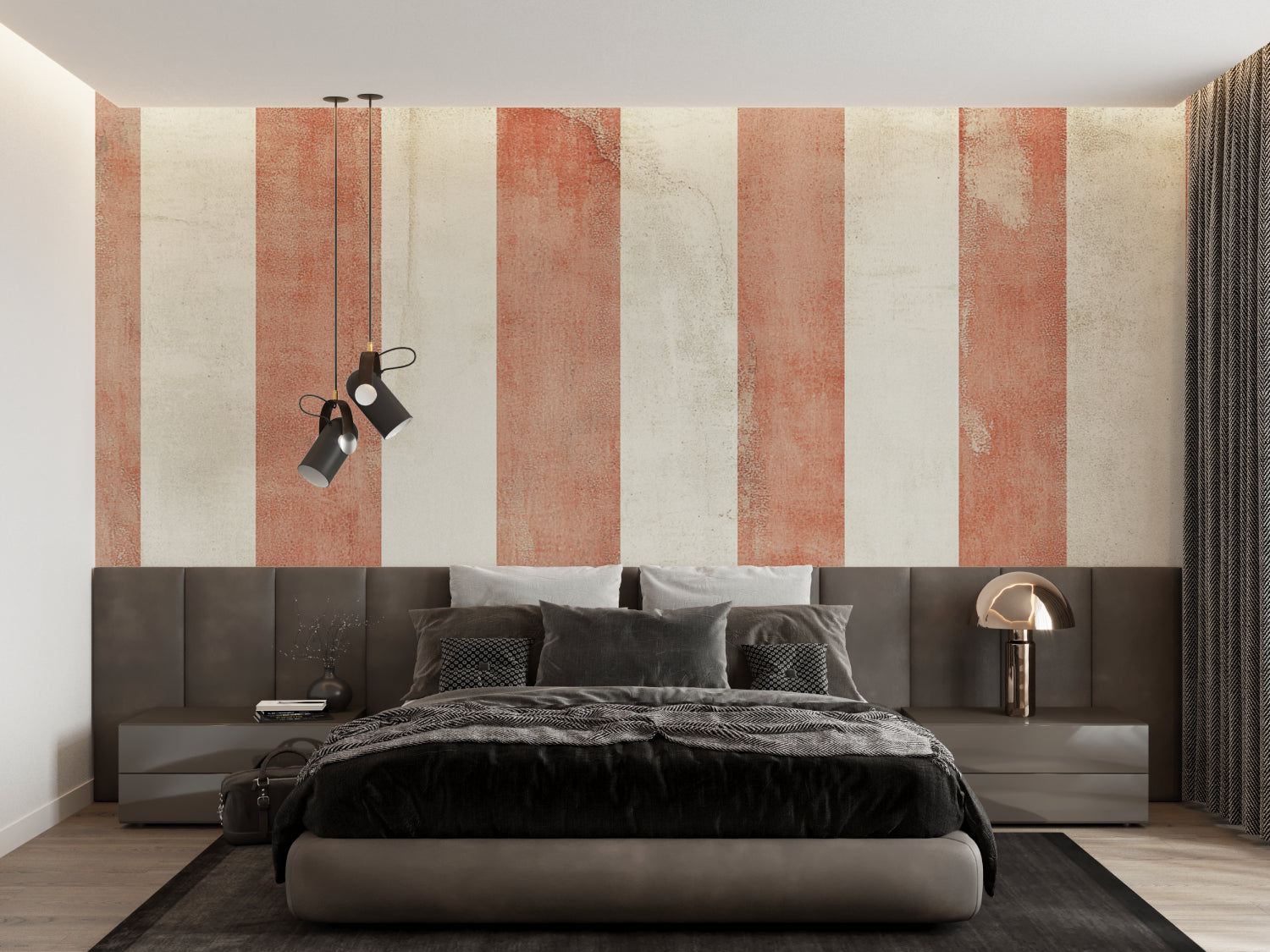 Hallway transformed with terracotta and cream striped wall mural