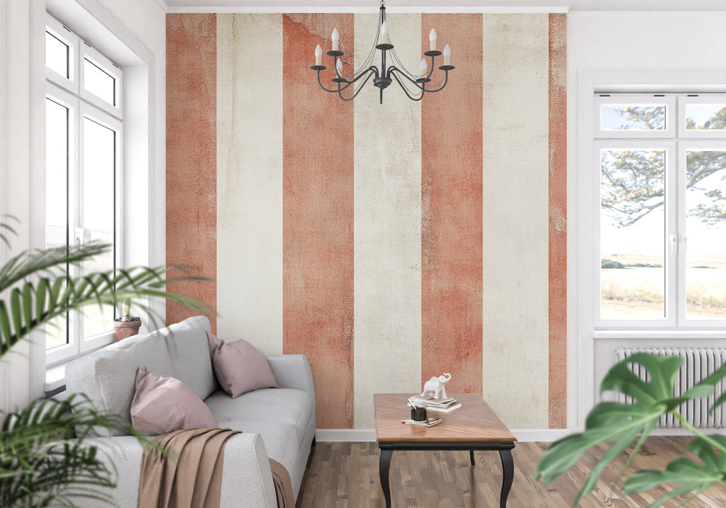 Bedroom featuring modern striped wallpaper in earthy tones