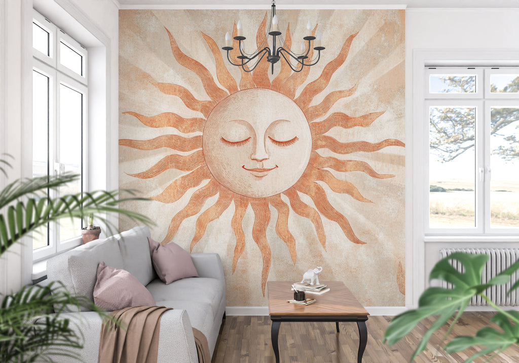 Sun celestial wallpaper making a statement in a minimalist dining room