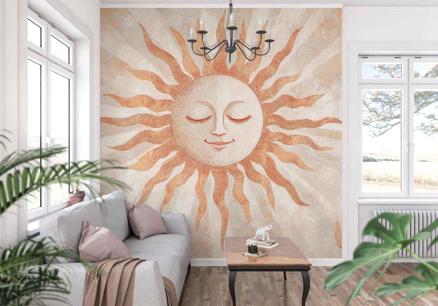 Sun celestial wallpaper making a statement in a minimalist dining room