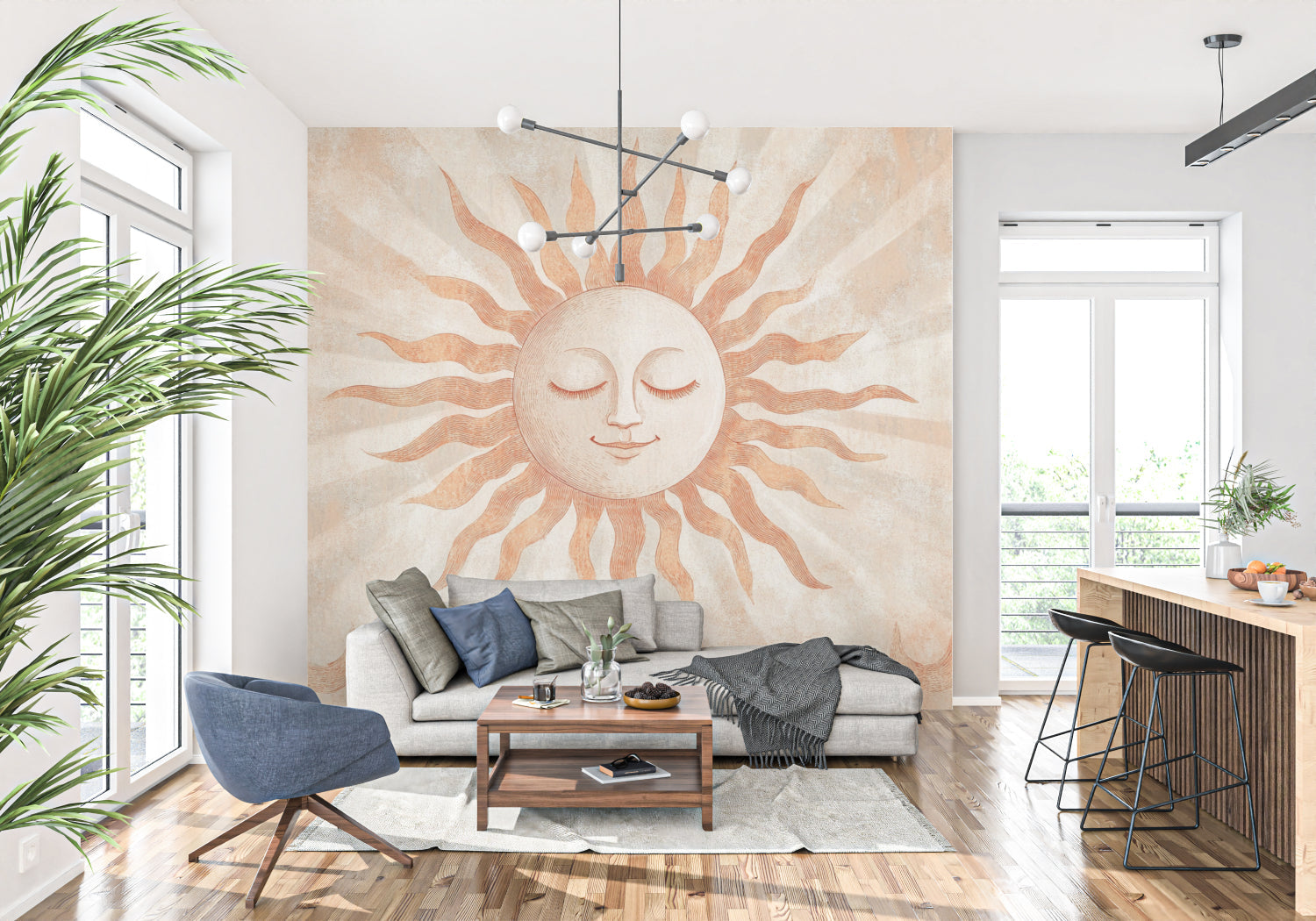 Terracotta sun mural creating depth in a reading nook corner