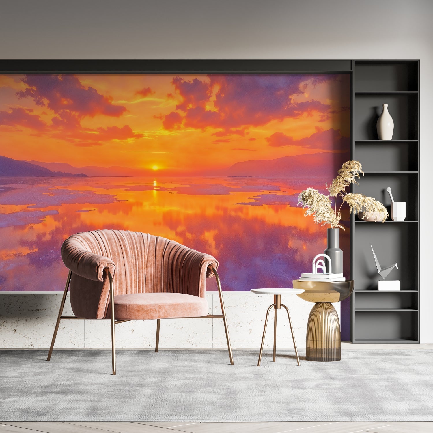 Mountain sunset wall mural transforming master bedroom with peaceful orange light