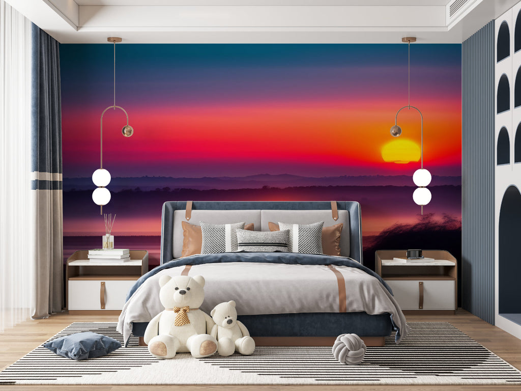 Sunset Mural Wallpaper creating a warm glow in a modern living room with purple and orange hues