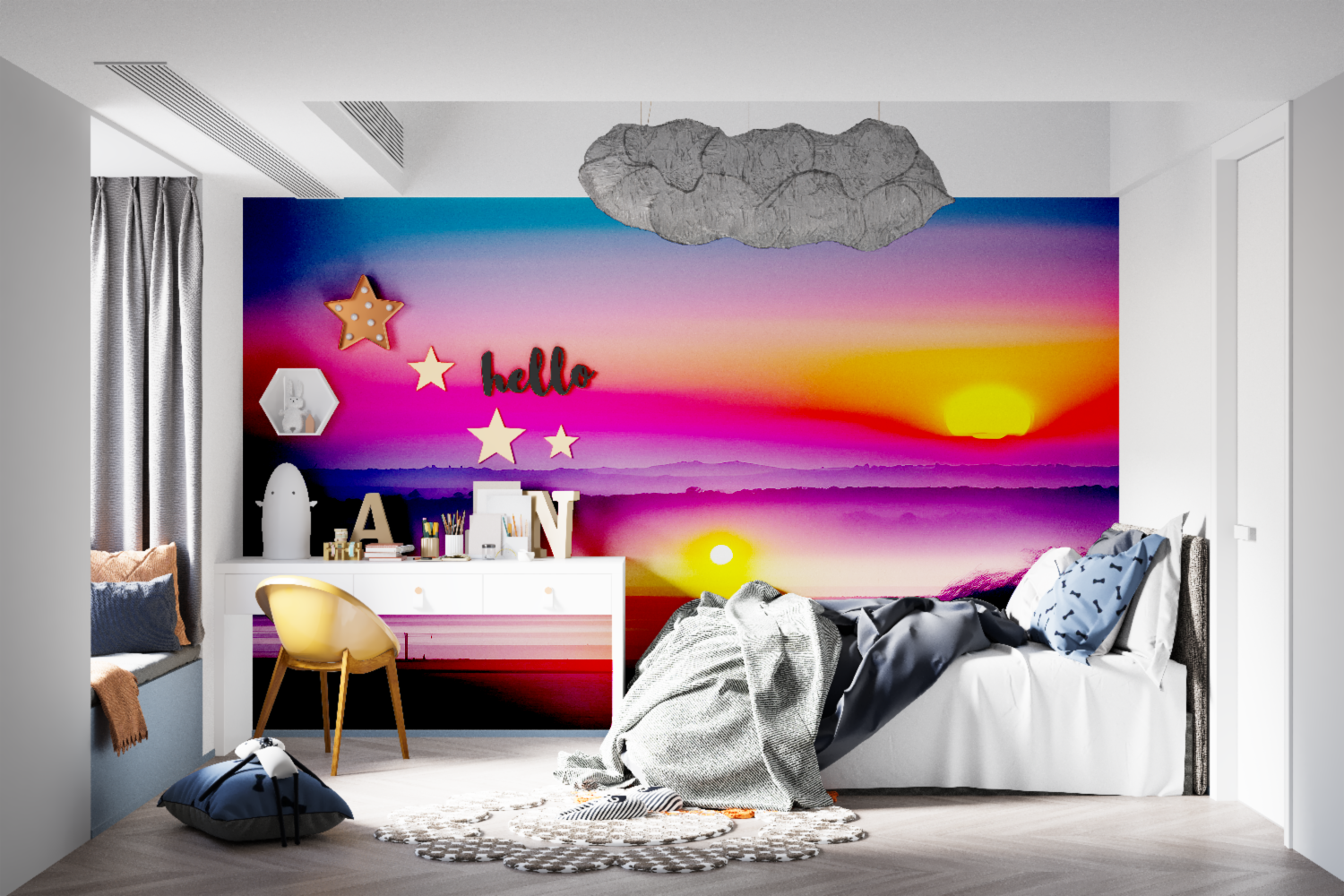 Purple and Orange Sunset Wallpaper brightening a hallway with warm tones