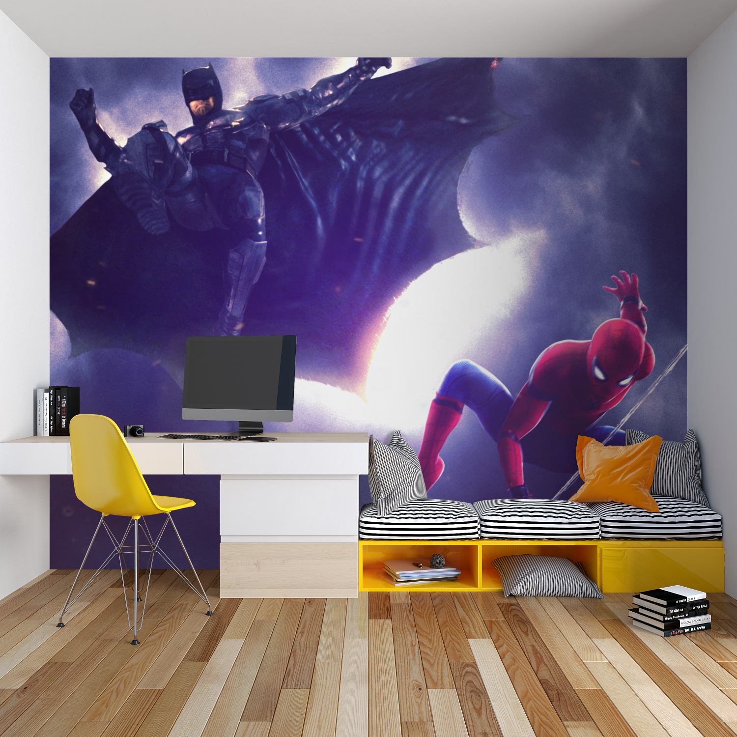 Superhero themed wallpaper bringing epic action to media room setting