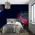 Superhero comic wallpaper creating dynamic atmosphere in modern living room with grey sofa