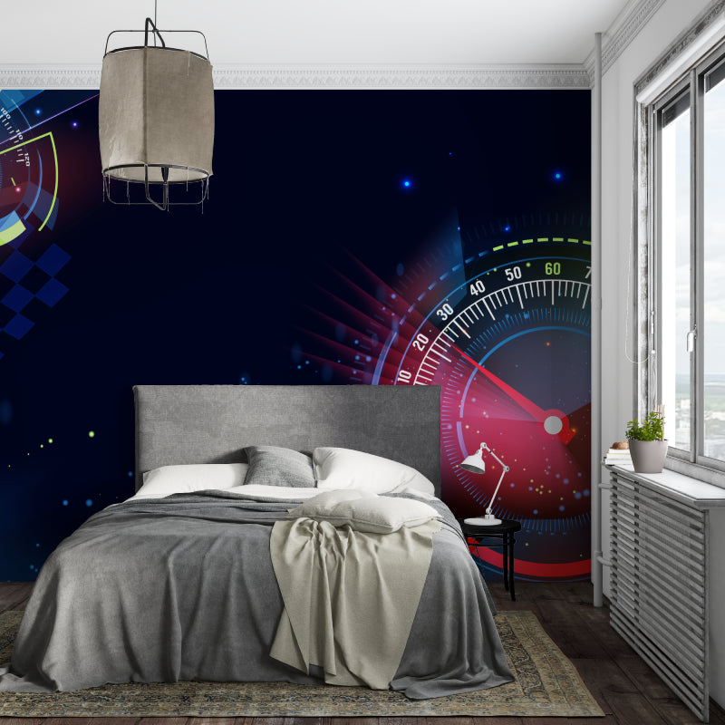 Superhero comic wallpaper creating dynamic atmosphere in modern living room with grey sofa
