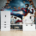 Superhero 3D wallpaper bringing excitement to a modern kids bedroom, showing dynamic action scene