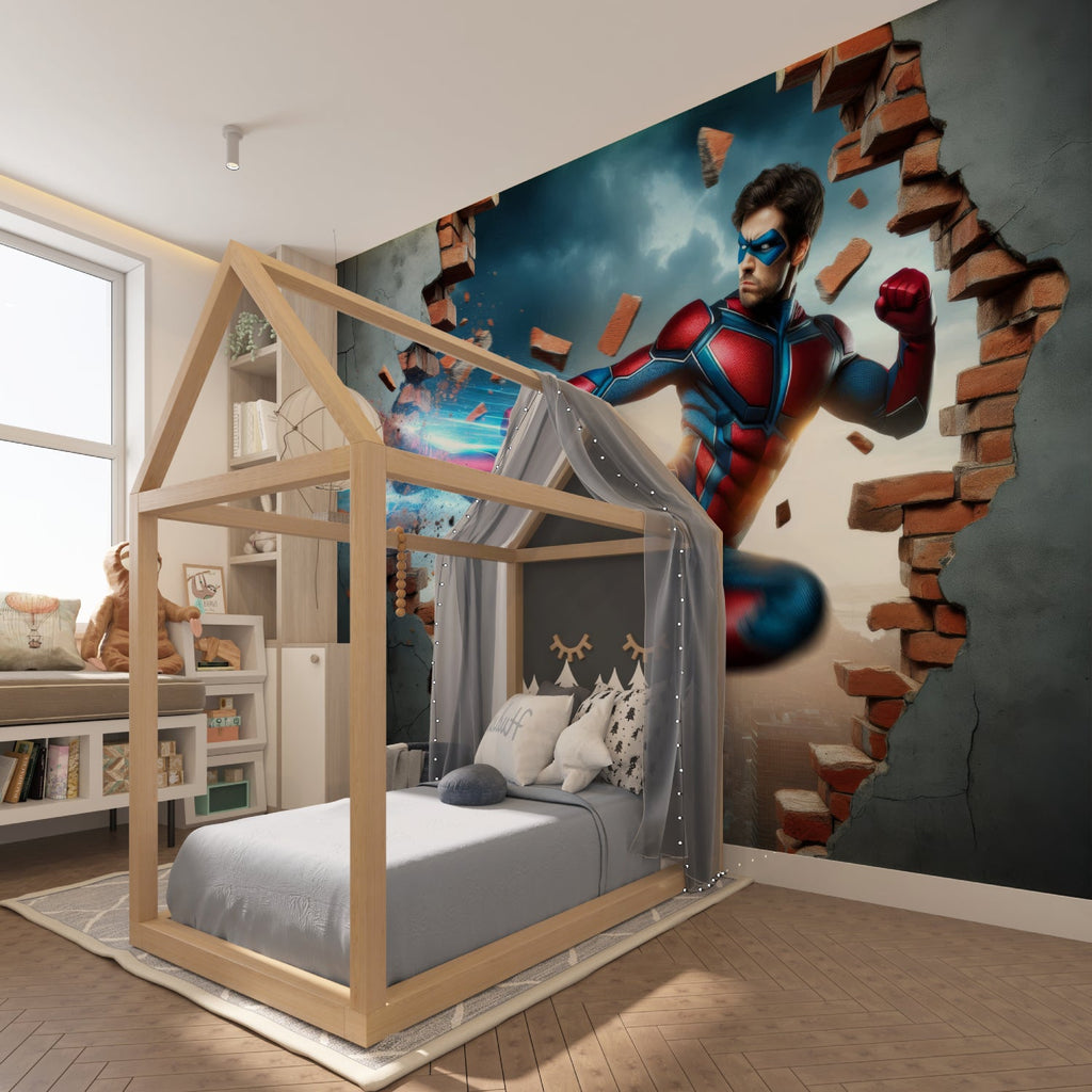 Action wallpaper design transforming a playroom with superhero breaking through wall effect