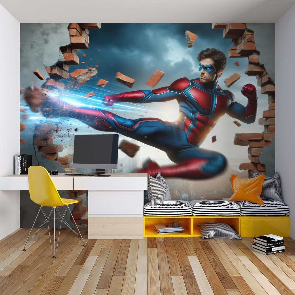 3D action mural installed in a contemporary family room showing scale and impact