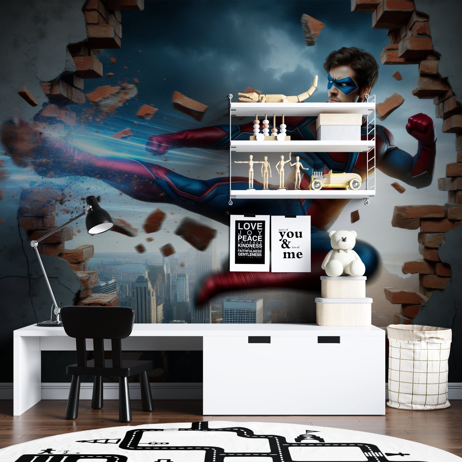 Superhero wallpaper bringing excitement to a modern home office space