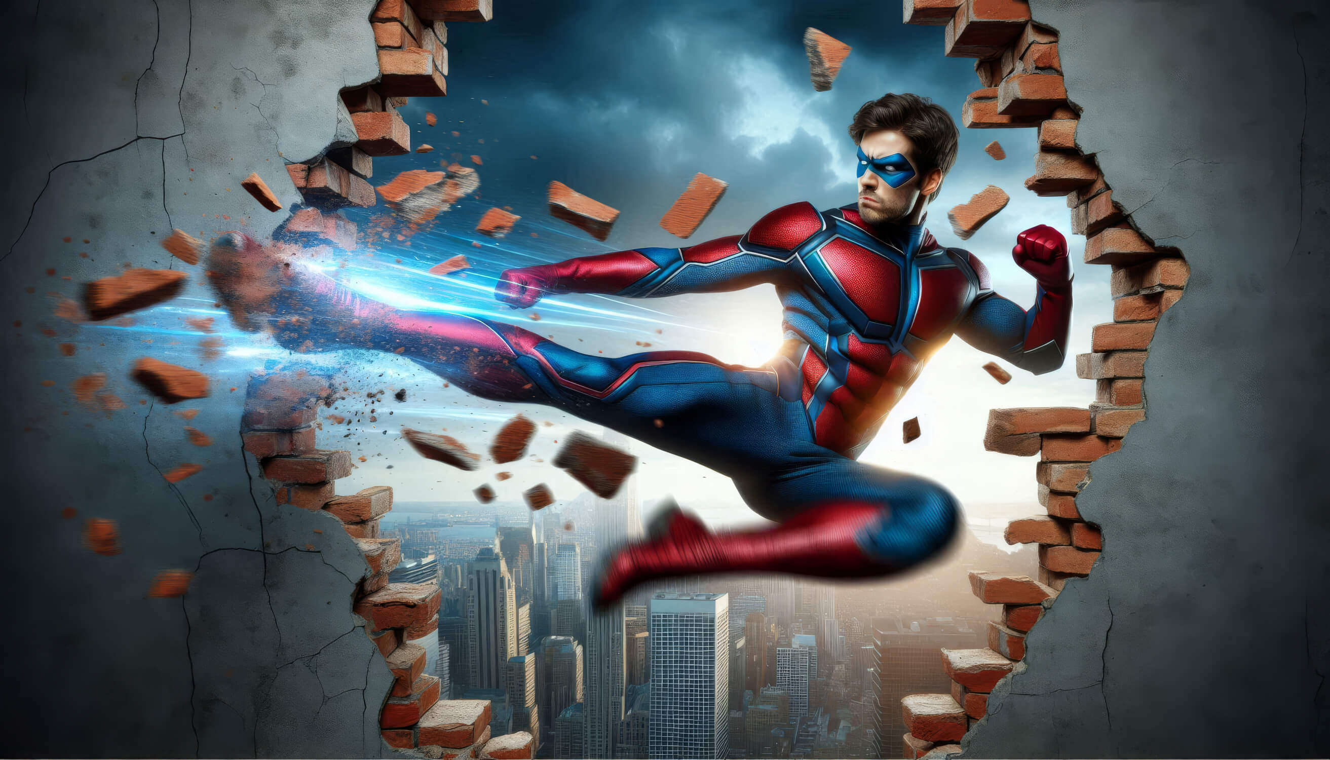 Superhero breaking through wall design file showing intricate 3D details and rich colors