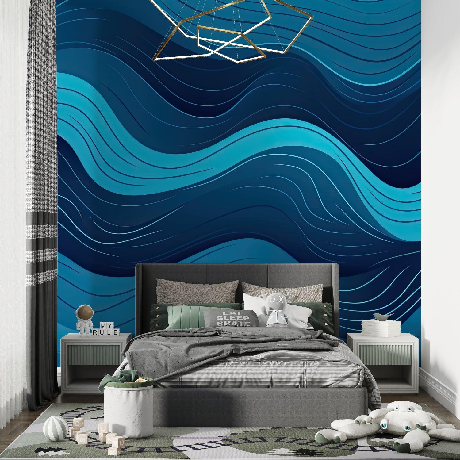 Superhero wallpaper bringing adventure to a modern teen bedroom with dramatic lighting effects