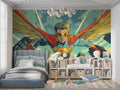 Superhero wall mural bringing excitement to a modern kids bedroom with red and blue accent furniture