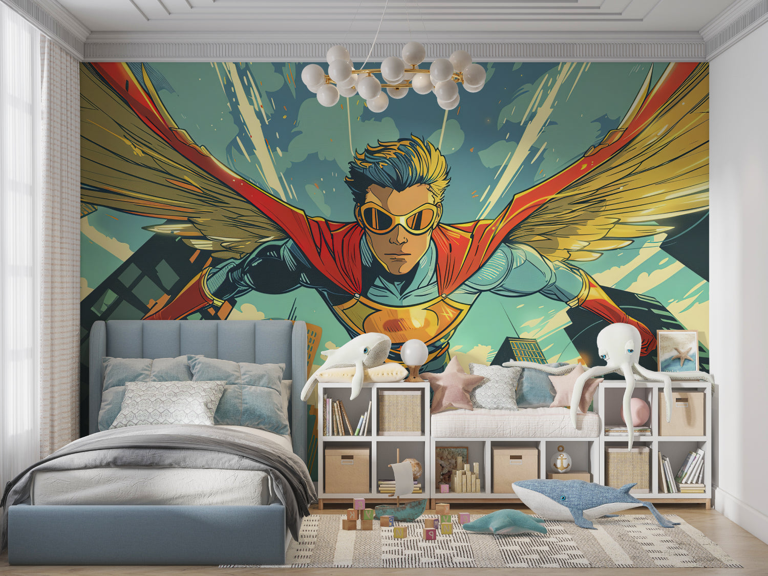 Superhero wall mural bringing excitement to a modern kids bedroom with red and blue accent furniture