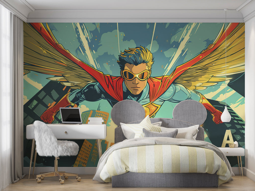 Comic book style wallpaper creating an epic backdrop in a teen gaming room setup