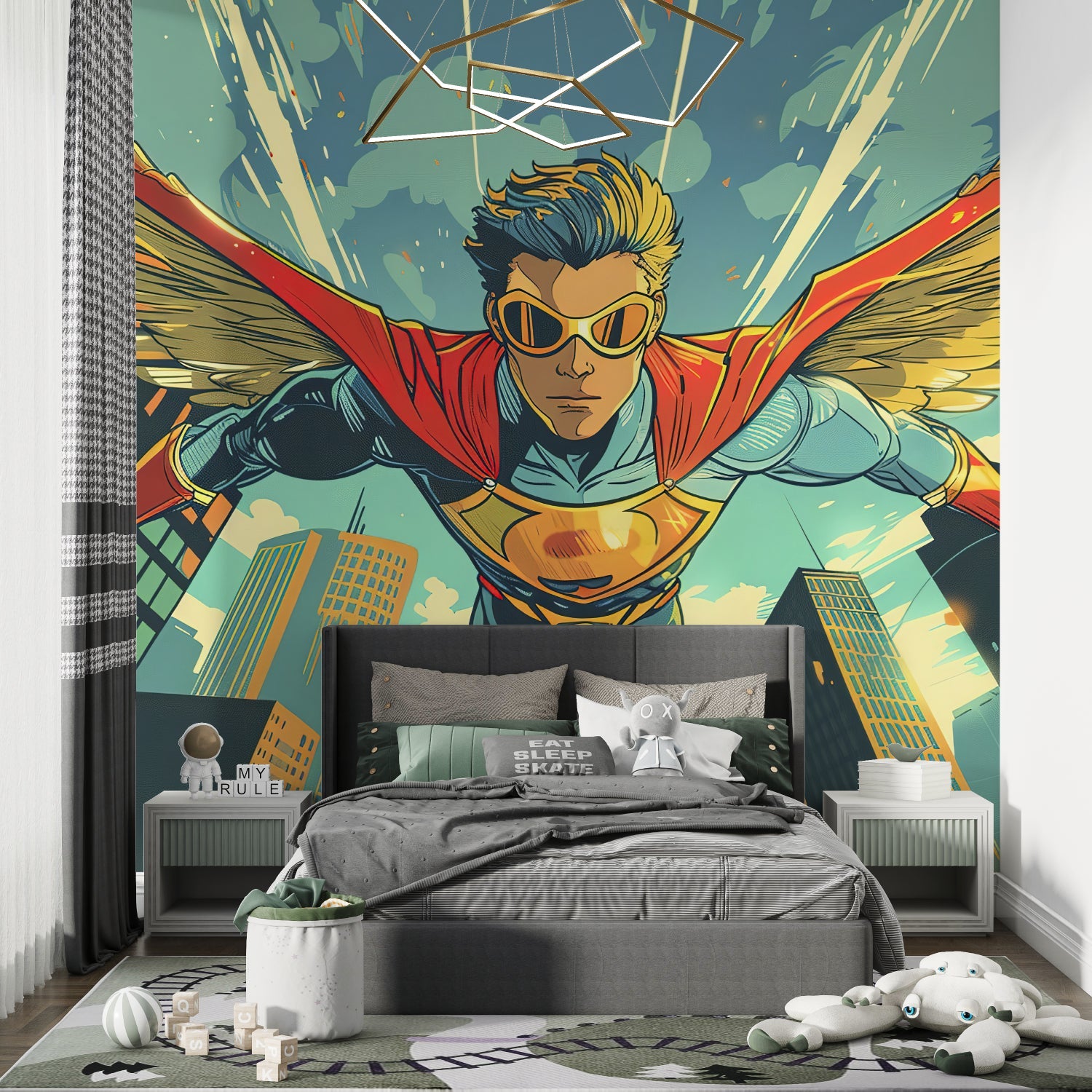 Superhero wallpaper making a bold statement in a modern home office space