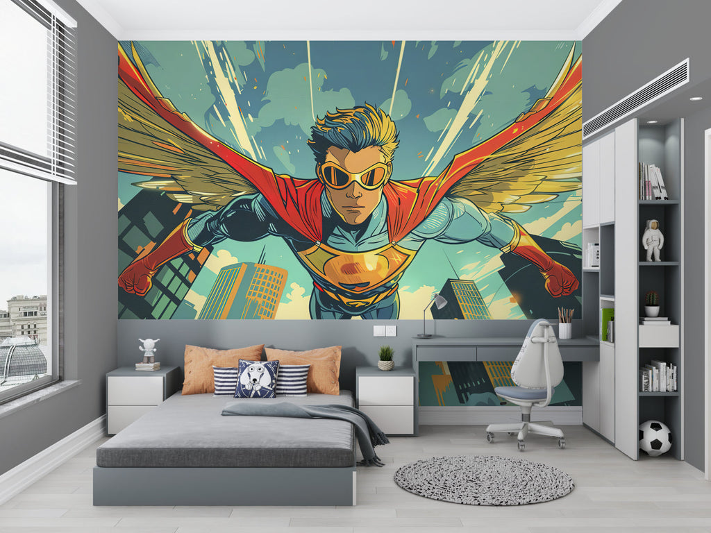 Comic book mural adding character to a reading nook with comfortable seating