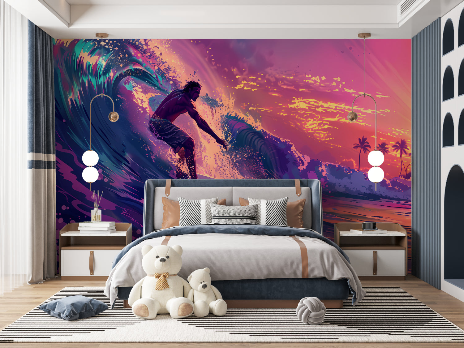 Dynamic surf wallpaper creating focal point in modern dining room