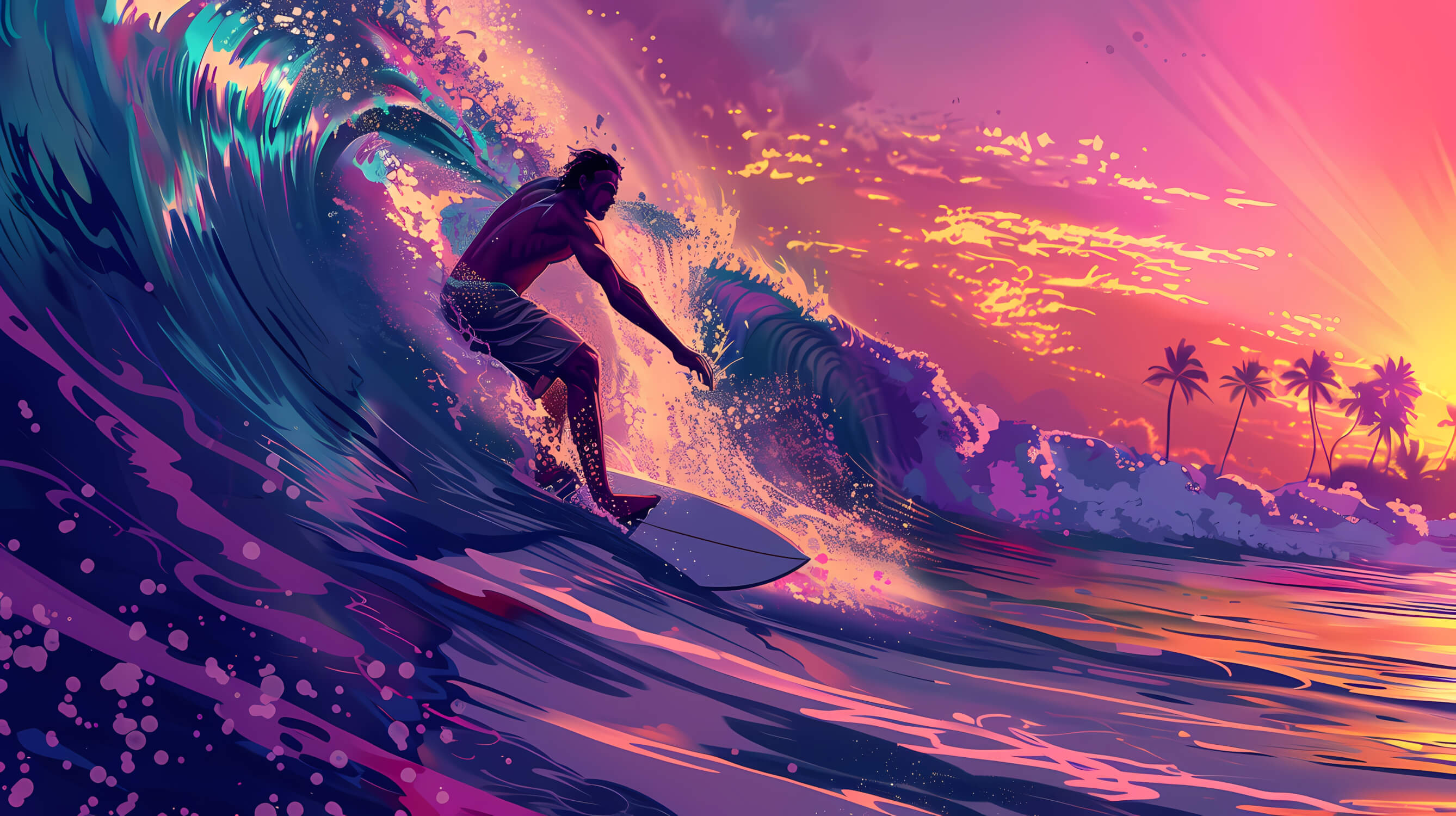 Design file showing detailed wave pattern with golden spray and turquoise sky