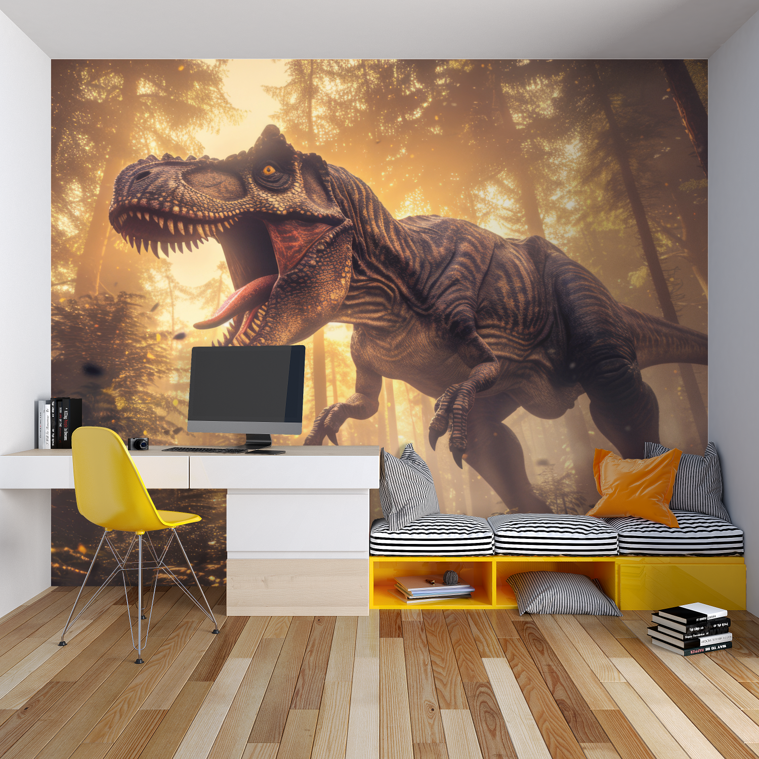 Beach sunset mural bringing summer feels to a teen bedroom with surfboard accents