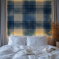 Blue and beige tartan wallpaper creating a cozy atmosphere in a modern living room