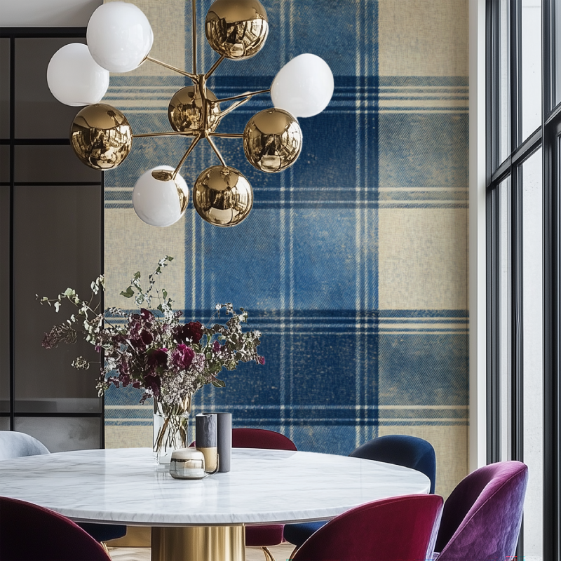 Scottish-inspired tartan wallpaper bringing warmth to a bedroom