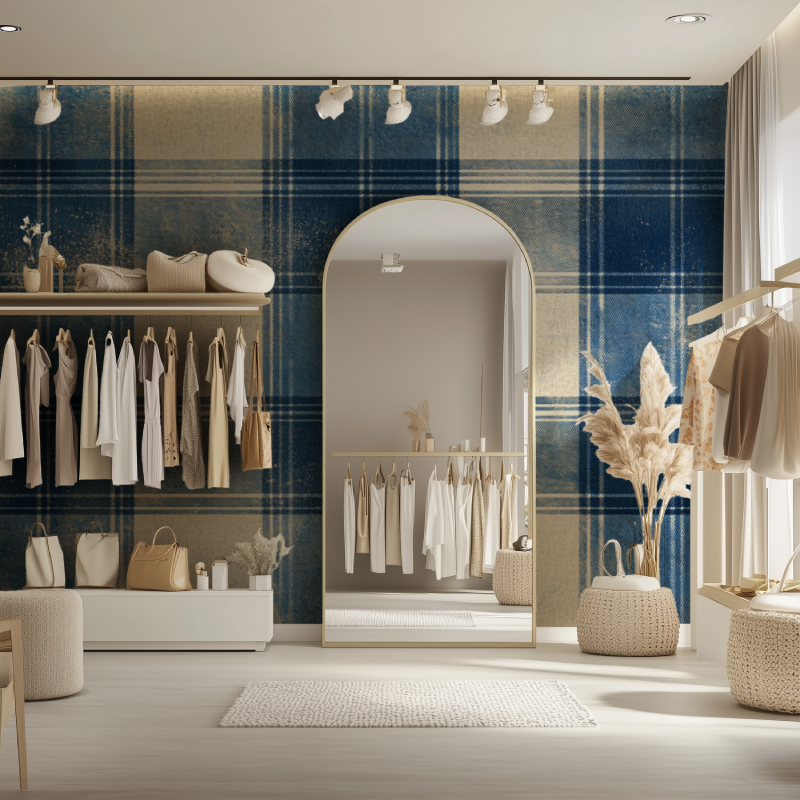 Blue tartan wallpaper creating depth in an entryway setting