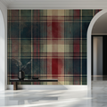 Tartan wallpaper in a cozy living room setting, highlighting the vintage Scottish pattern's warm tones